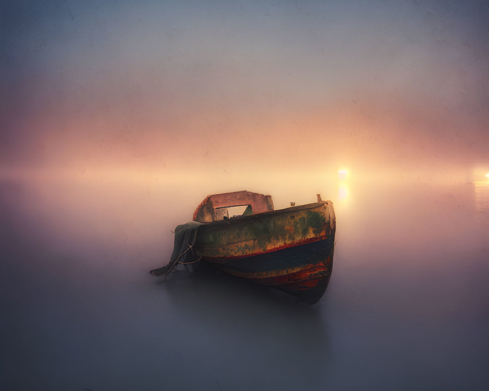 Rusted boat floating in tranquil waters under warm-hued sky