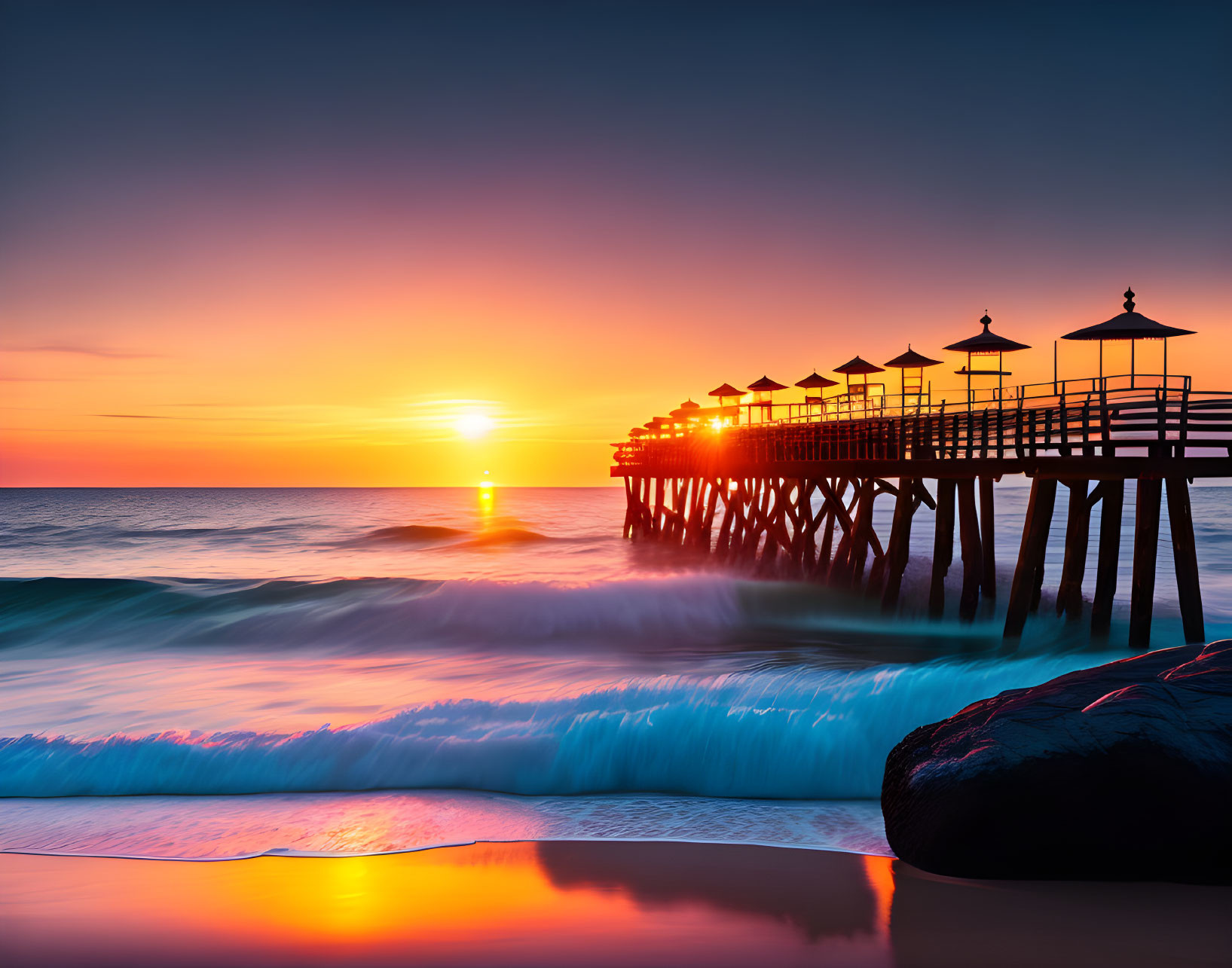 Sunset on a beach with a pier