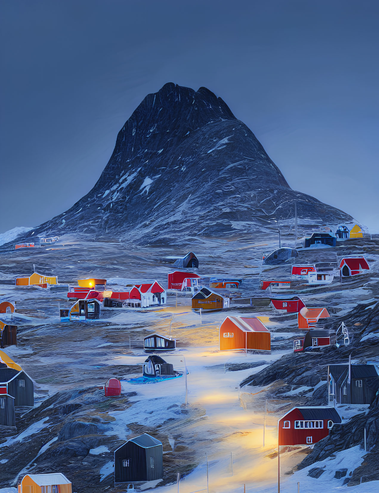 Scenic Arctic village with colorful houses under towering mountain at dusk