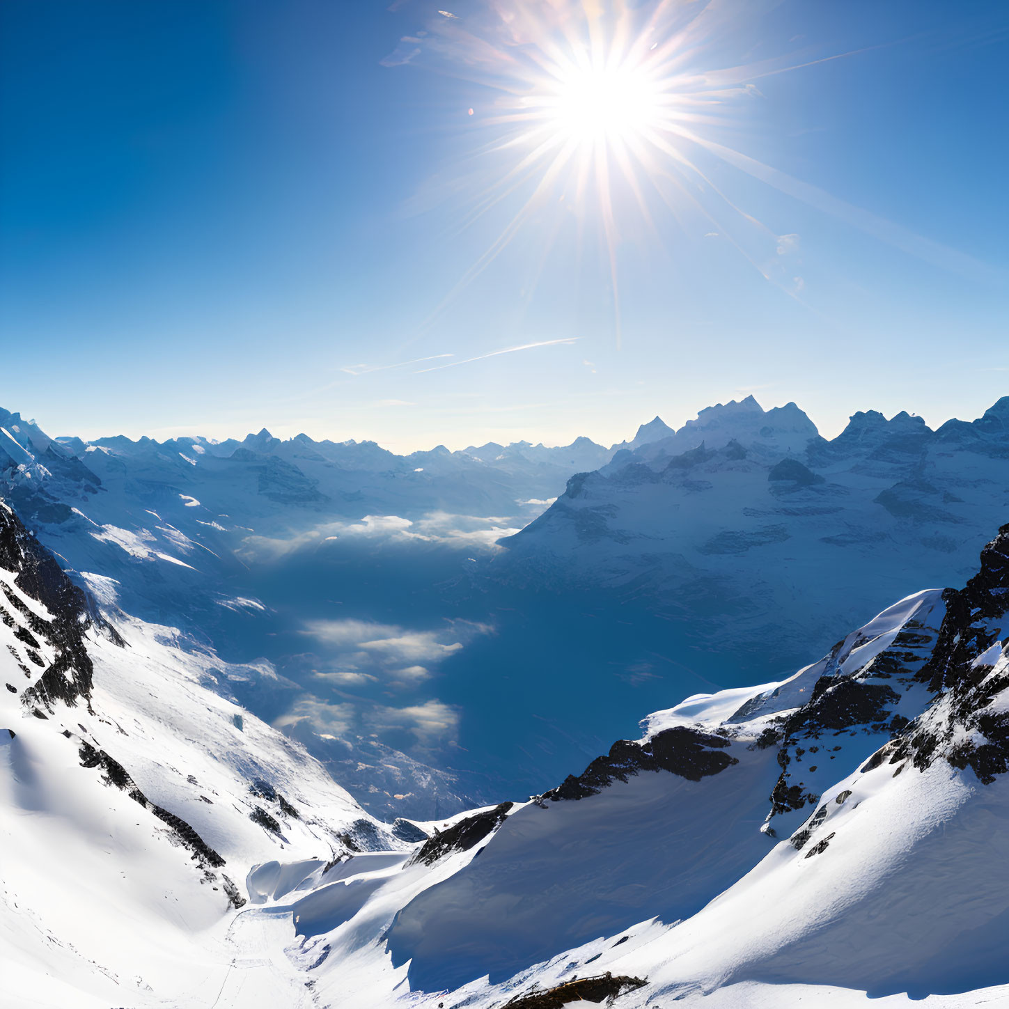 Snow-covered mountain peaks under dazzling sun and blue skies.