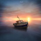 Rusted boat floating in tranquil waters under warm-hued sky