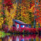 Autumn House Surrounded by Vibrant Foliage and Water Reflections
