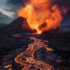 Dramatic volcanic eruption with glowing lava flows and dark sky