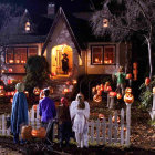 Kids in Halloween costumes trick-or-treating near spooky house with jack-o'-lanterns