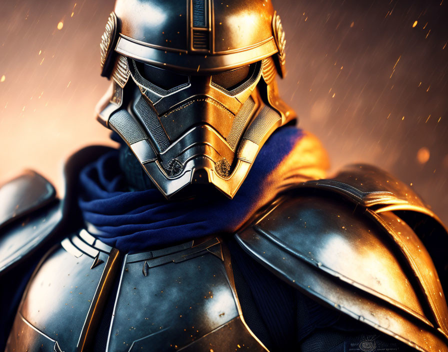 Futuristic knight in shiny armor with golden helmet and blue scarf against glowing particles