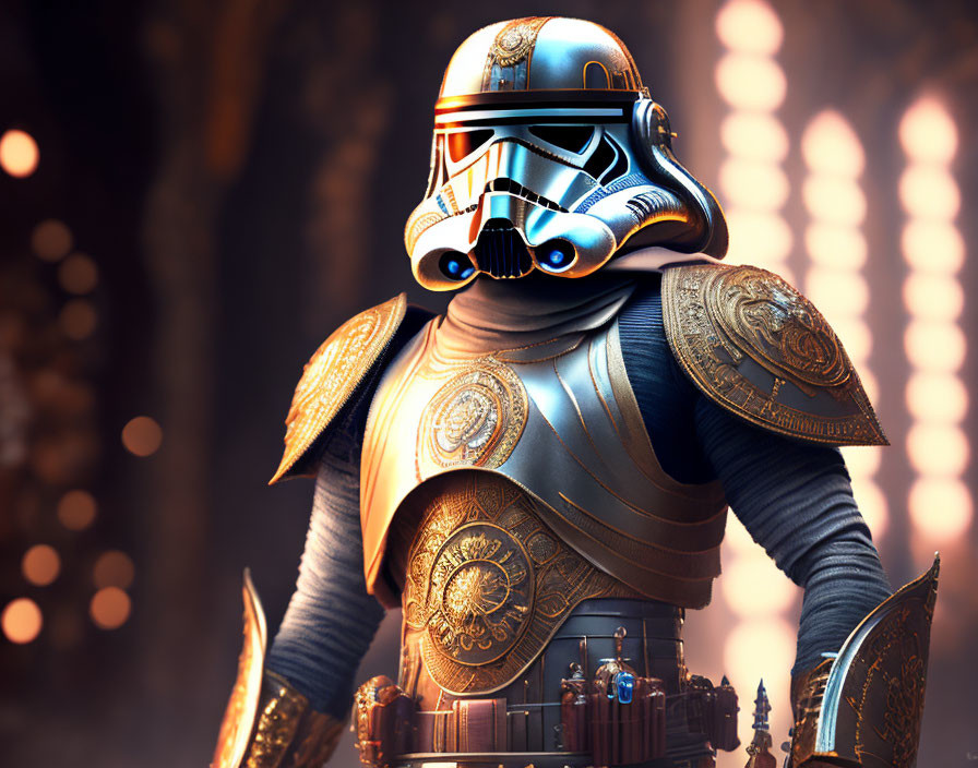 Stormtrooper in ornate medieval armor in dimly lit setting