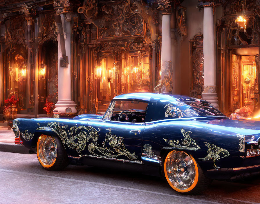 Blue classic car with golden designs parked in front of ornate building