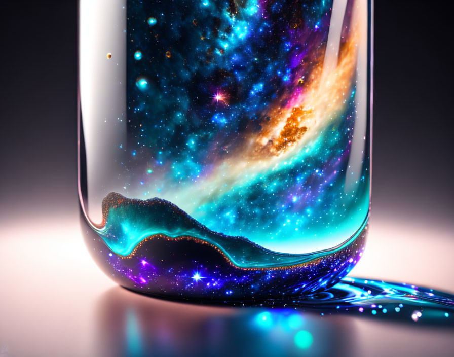 Colorful cosmic galaxy in tilted glass with swirling stars and nebulas, spilling into pool