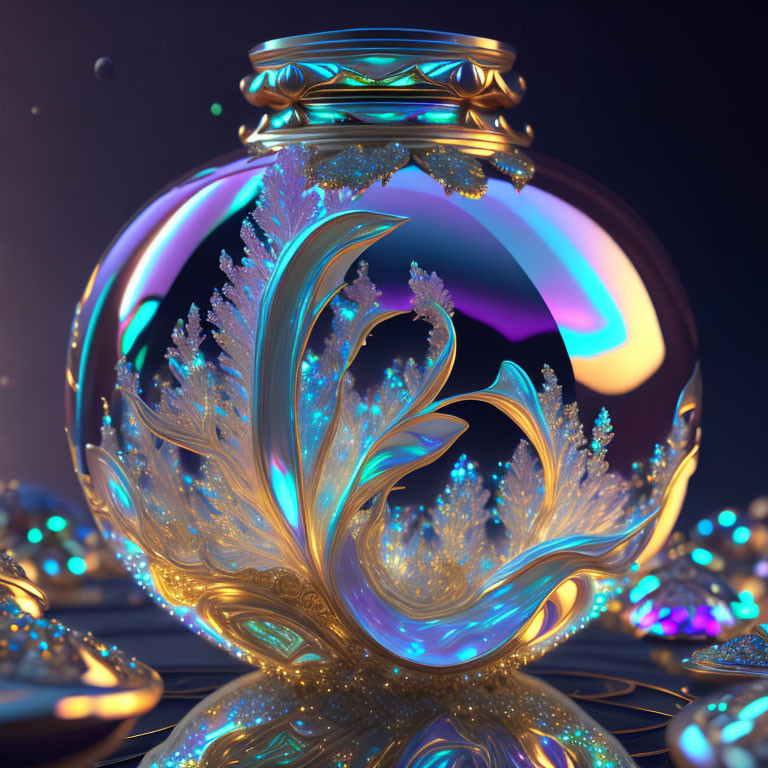 Iridescent glass jar with glowing fractal patterns and leaves on reflective surface