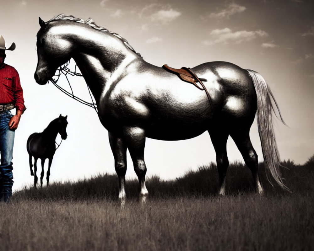 Silver-toned horse and foal with cowboy hat under dramatic sky