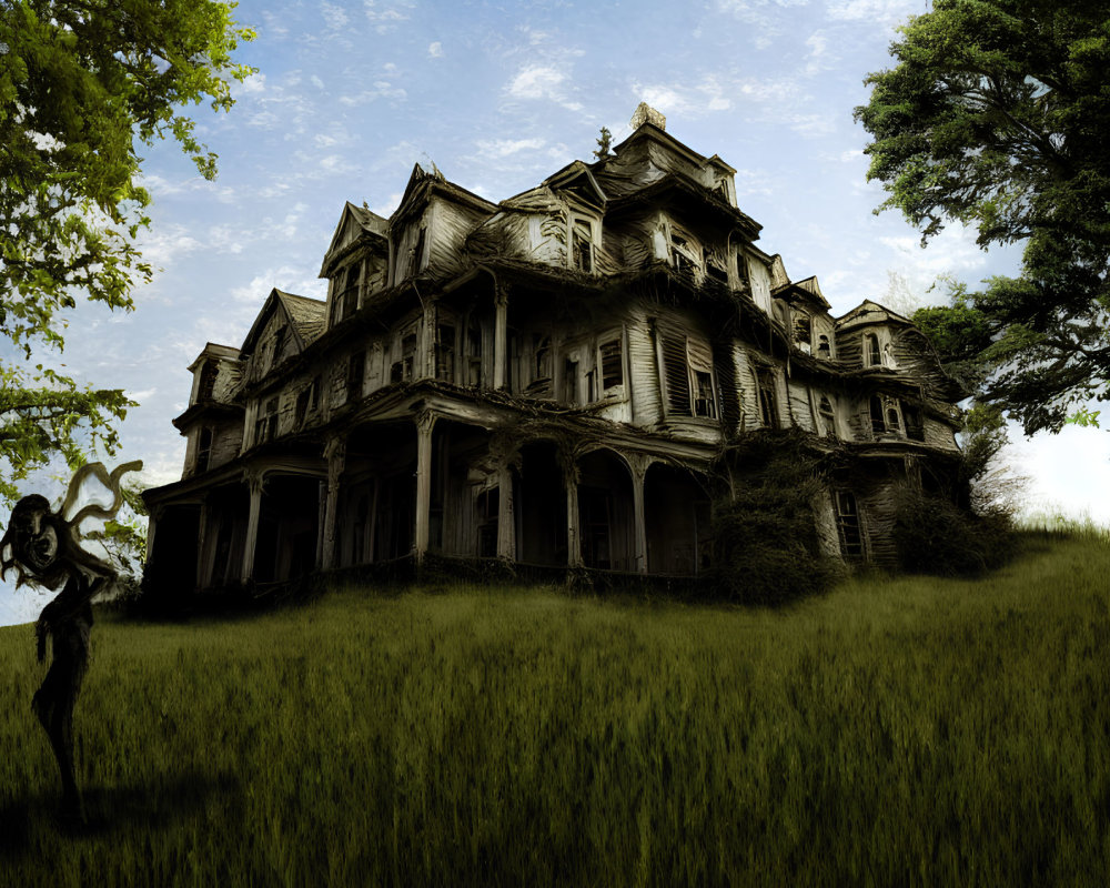 Dilapidated Victorian mansion in overgrown grass with dark sky