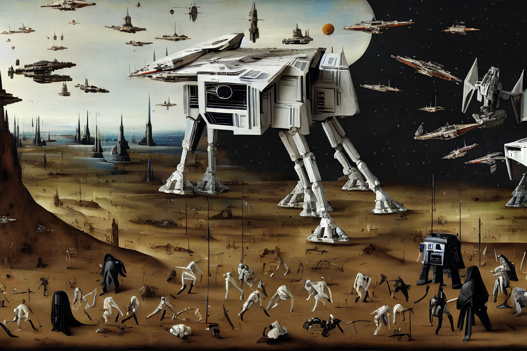 Sci-fi artwork featuring AT-AT walkers, spacecraft, Darth Vader, and desolate landscape.