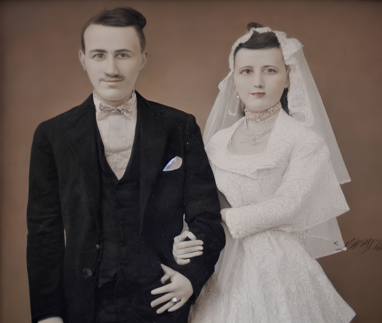 Classic Vintage Wedding Photo: Couple in Suit and White Gown