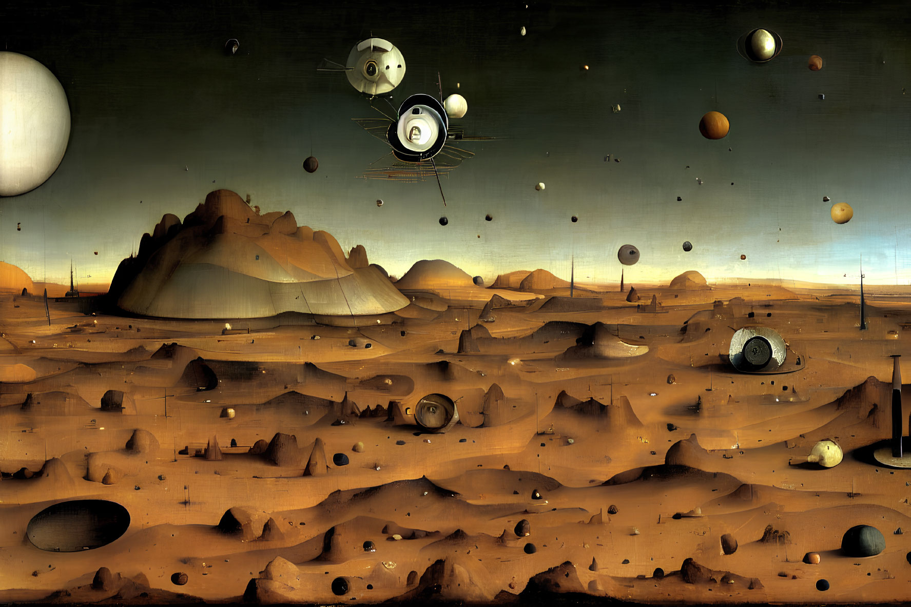 Extraterrestrial landscape with starship, planets, moons, and floating rocks