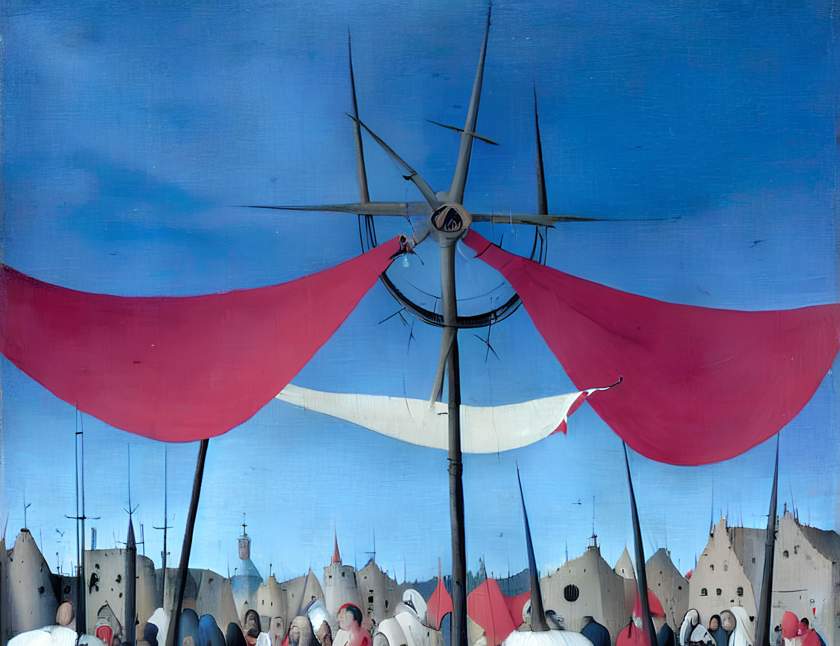 Medieval tent spires with white and red fabric banners under blue sky