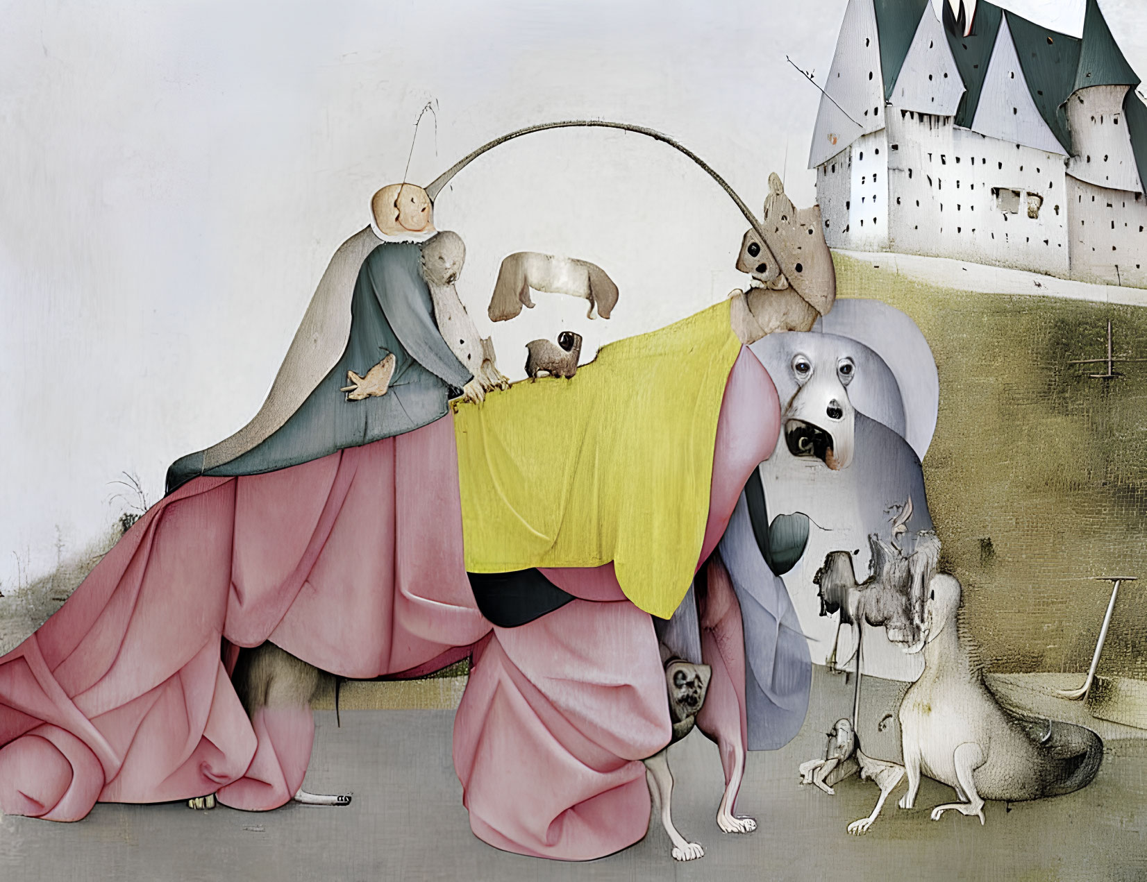 Illustration of person in dog-themed cloak with castle backdrop and tiny creatures.