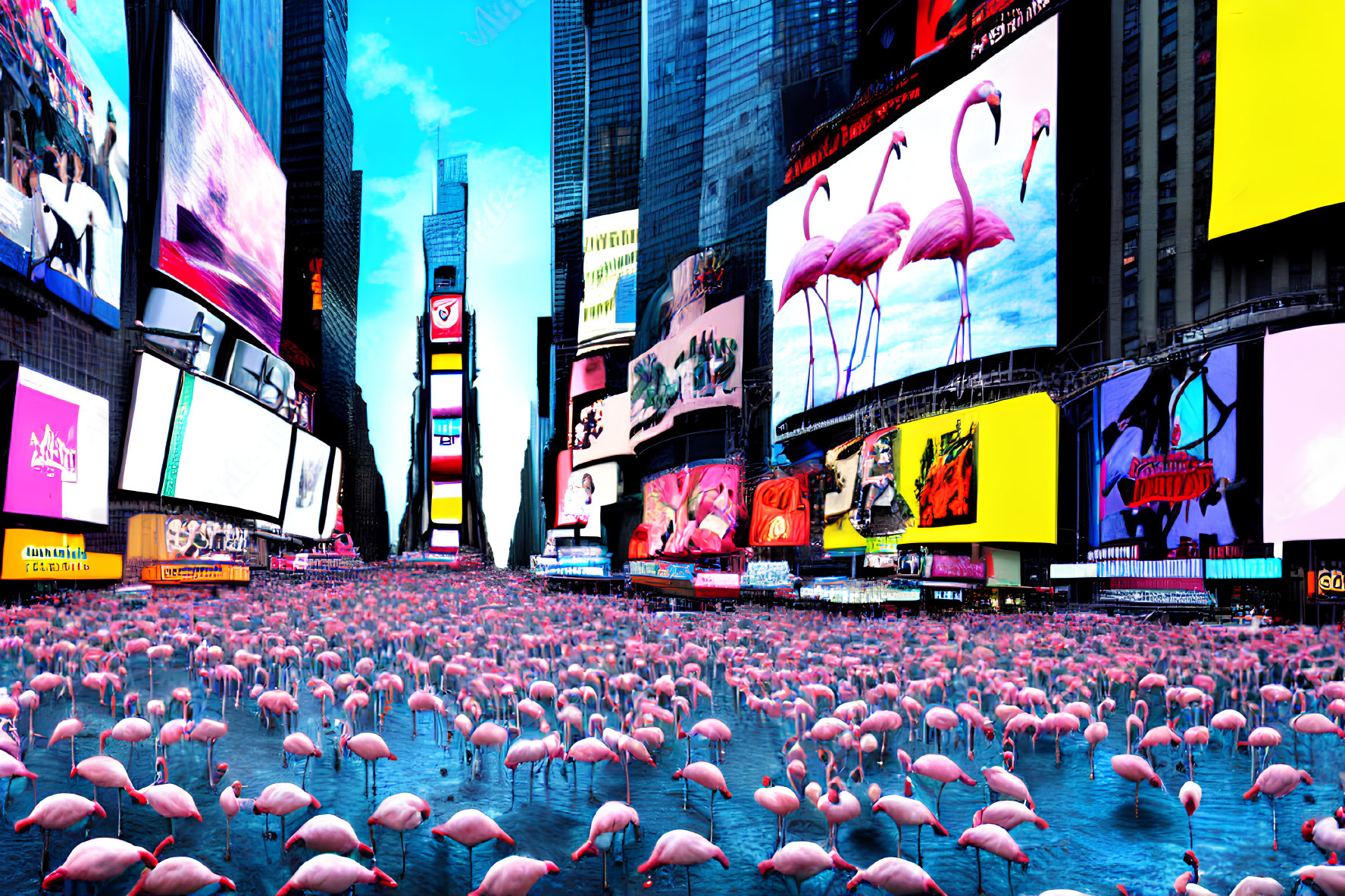 Digitally altered Times Square showcases pink flamingos among vibrant billboards