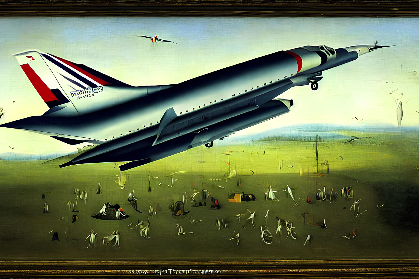 Surreal Concorde aircraft takeoff scene with scattered chairs and figures