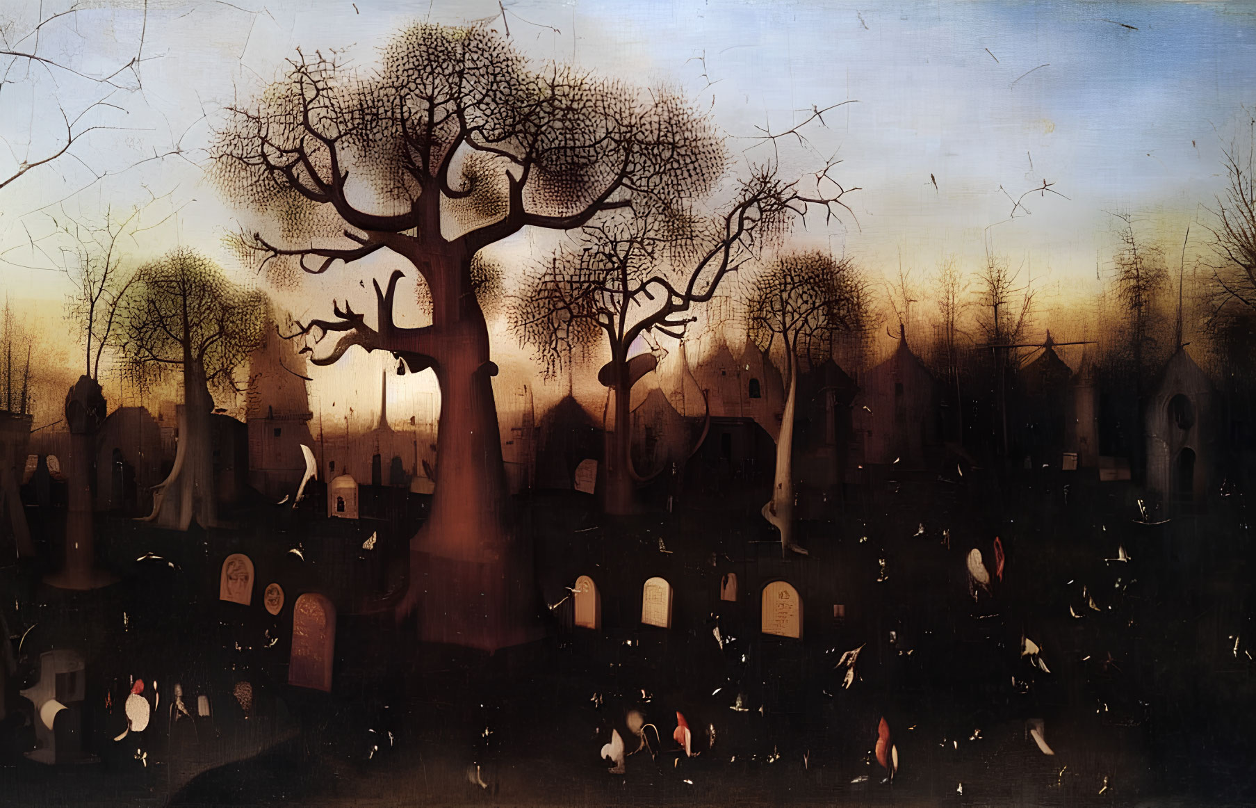 Twilight cemetery scene with leafless trees and gravestones