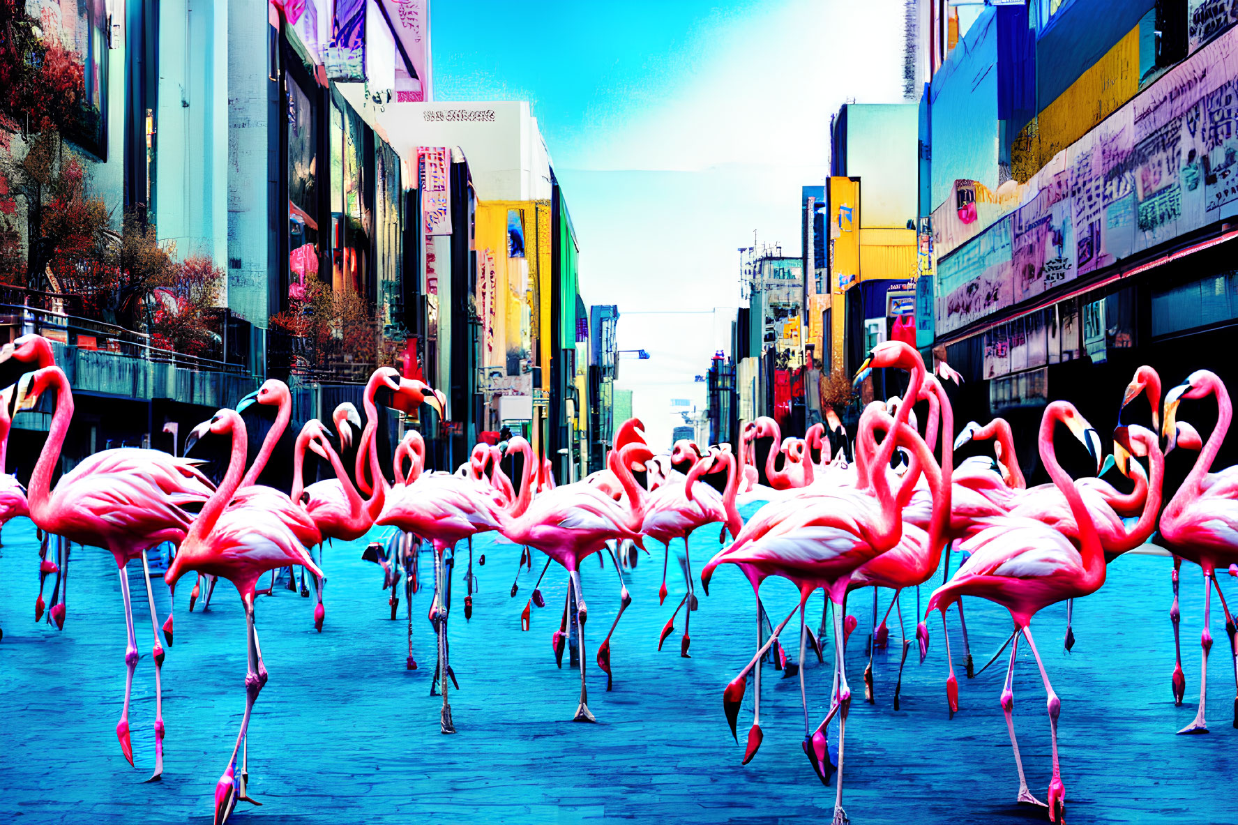 Colorful digital art: Pink flamingos in urban street scene