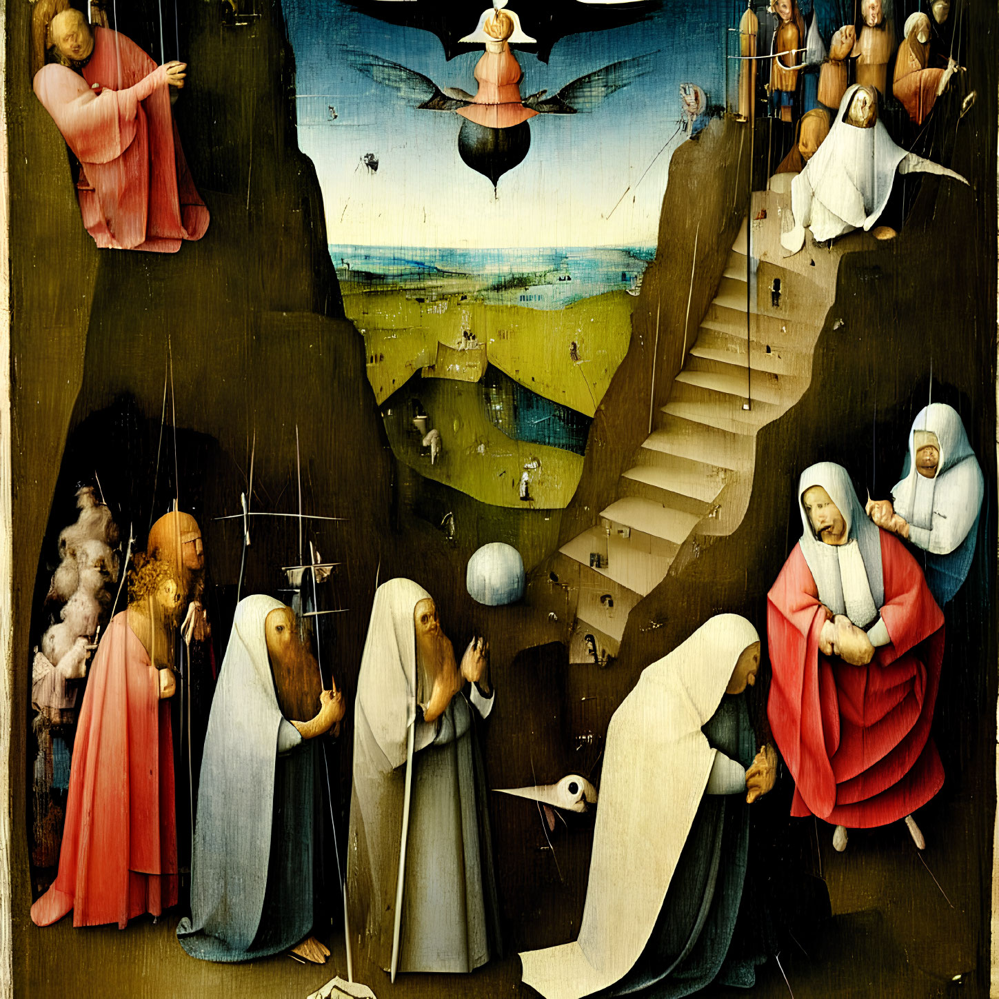 Religious Painting Featuring Biblical Scenes and Angelic Figures