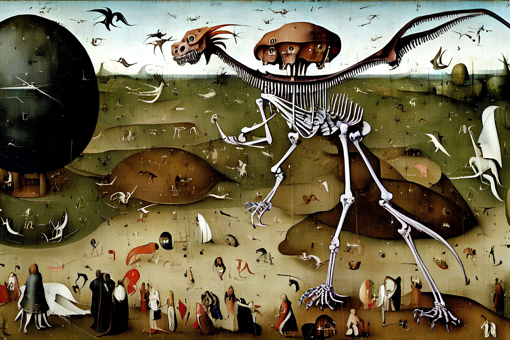 Skeletal creature in surreal painting with chaotic scenes
