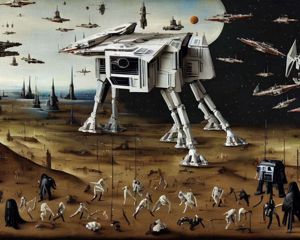 Sci-fi artwork featuring AT-AT walkers, spacecraft, Darth Vader, and desolate landscape.