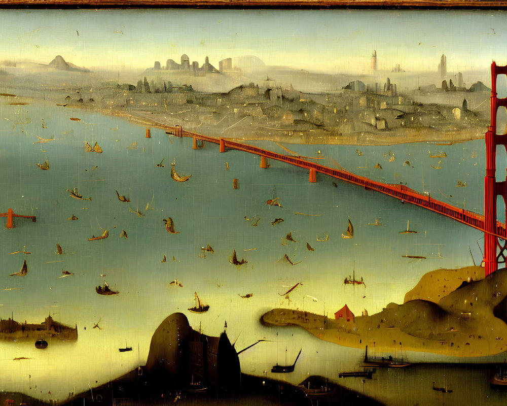 Renaissance-style panoramic view of Golden Gate Bridge with surreal fish