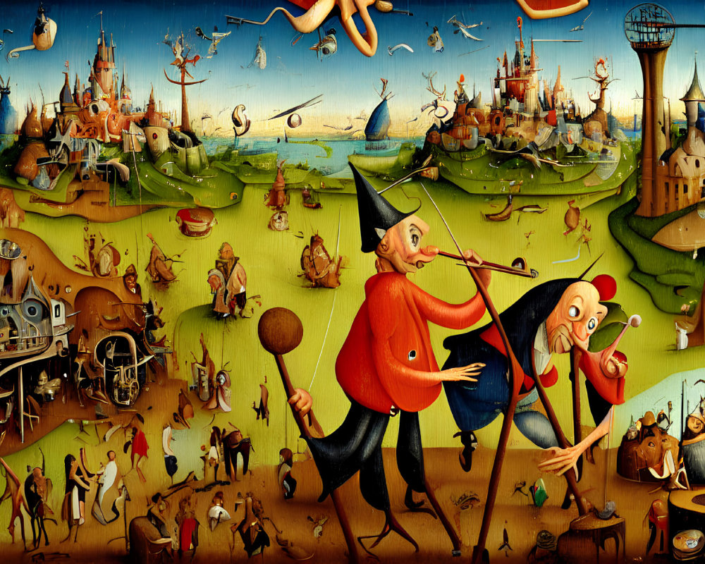 Surrealist Bosch-inspired painting with jester, odd creatures, and medieval scenes
