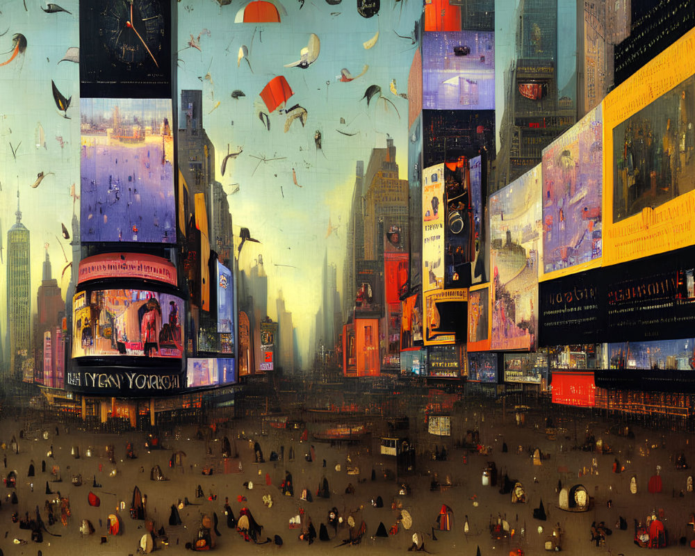 Futuristic cityscape with towering electronic billboards and debris under an orange sky