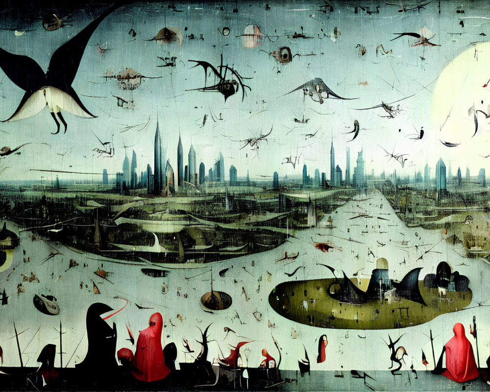 Surreal landscape with diverse creatures and modern city skyline