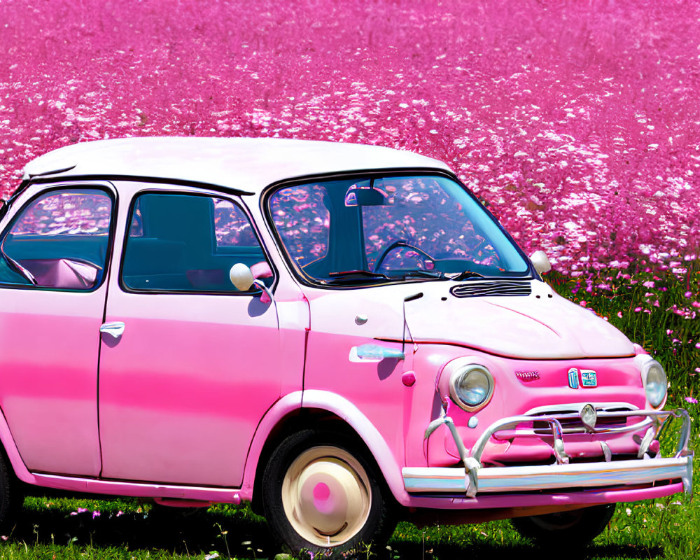 Vintage Pink Fiat 500 Car in Field of Pink Flowers