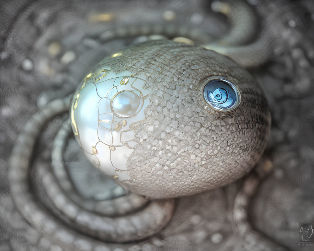 Surrealist creature with textured skin and blue eye in twisted setting