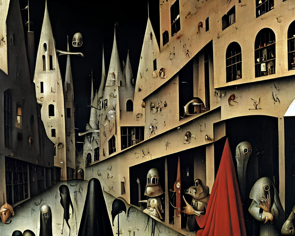 Distorted medieval cityscape with anthropomorphic buildings and armored figures.