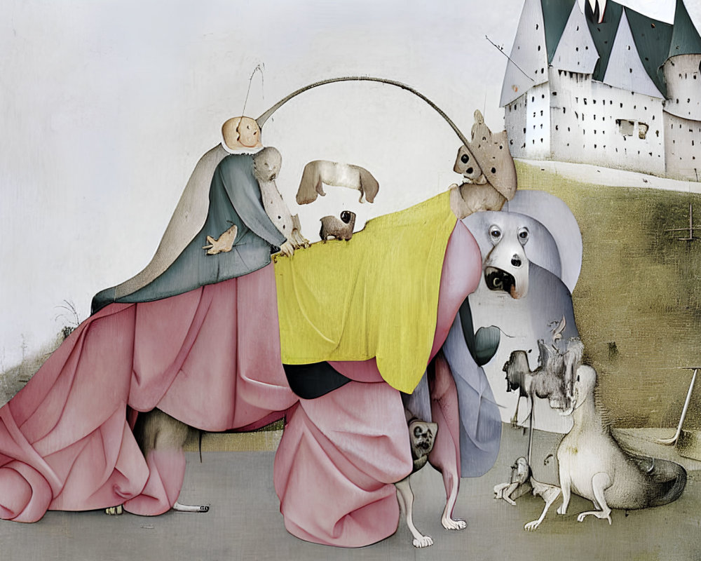 Illustration of person in dog-themed cloak with castle backdrop and tiny creatures.