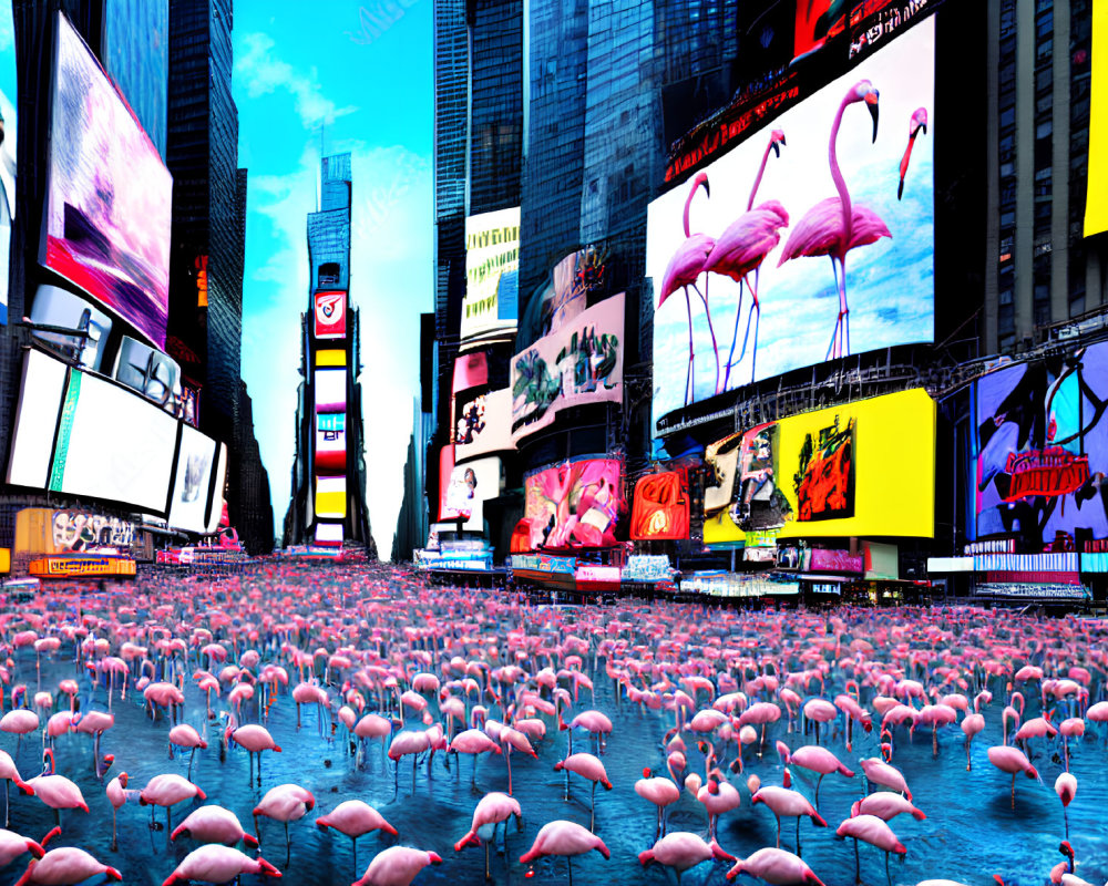 Digitally altered Times Square showcases pink flamingos among vibrant billboards