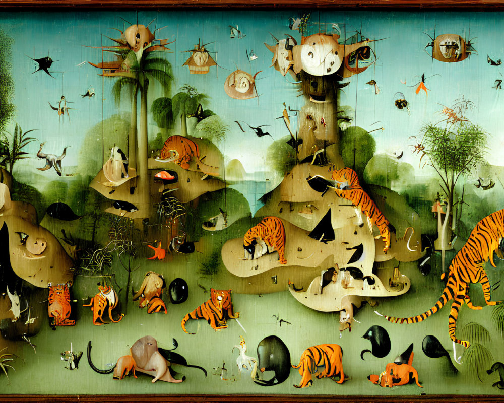 Colorful painting of tigers and elephant-like creatures in surreal jungle setting.