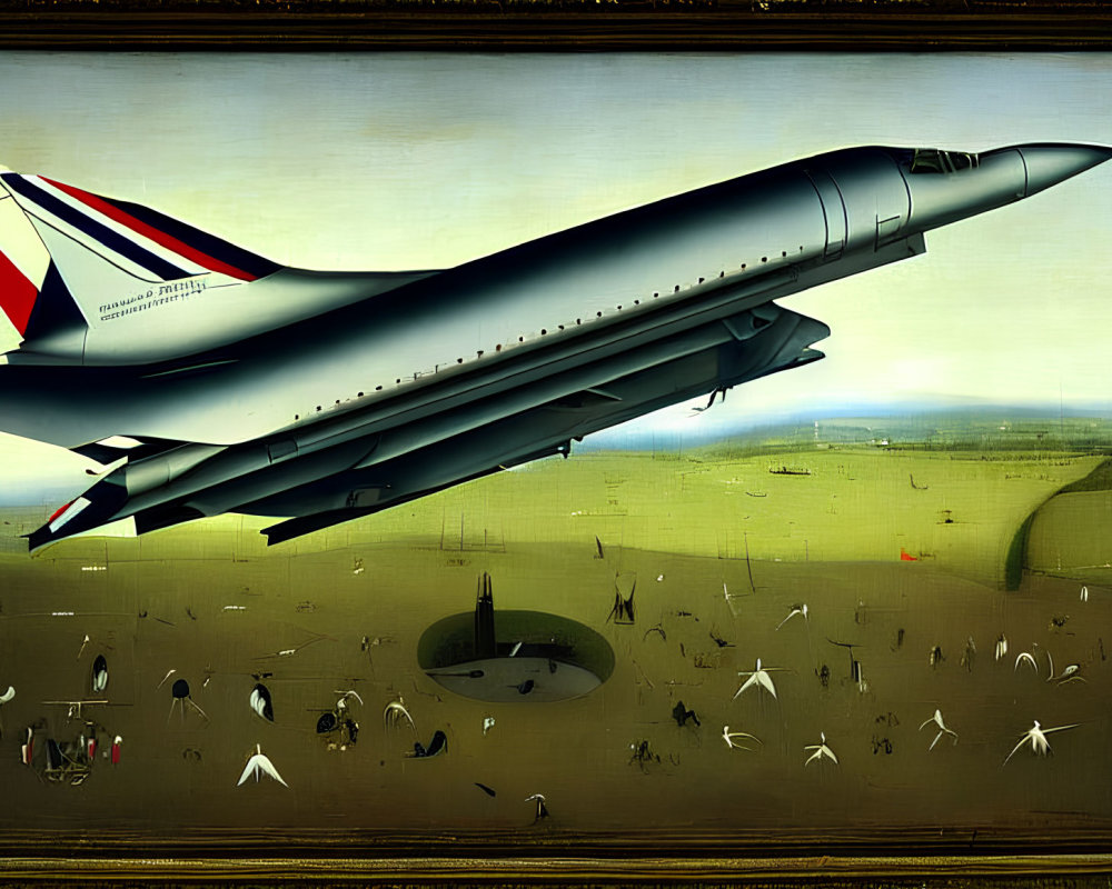 Digital Artwork: Concorde Jet merged with Hieronymus Bosch Landscape