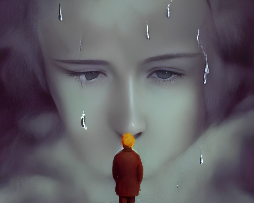 Surreal conceptual artwork of person with raincoat and umbrella