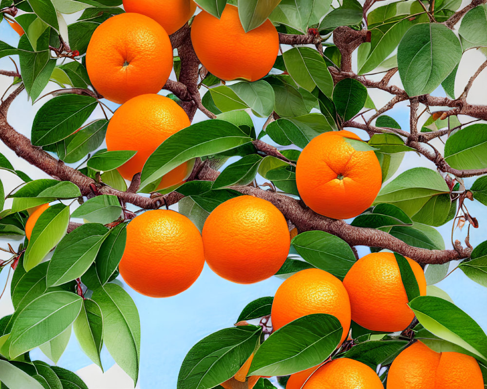 Fresh oranges on tree branches under clear blue sky