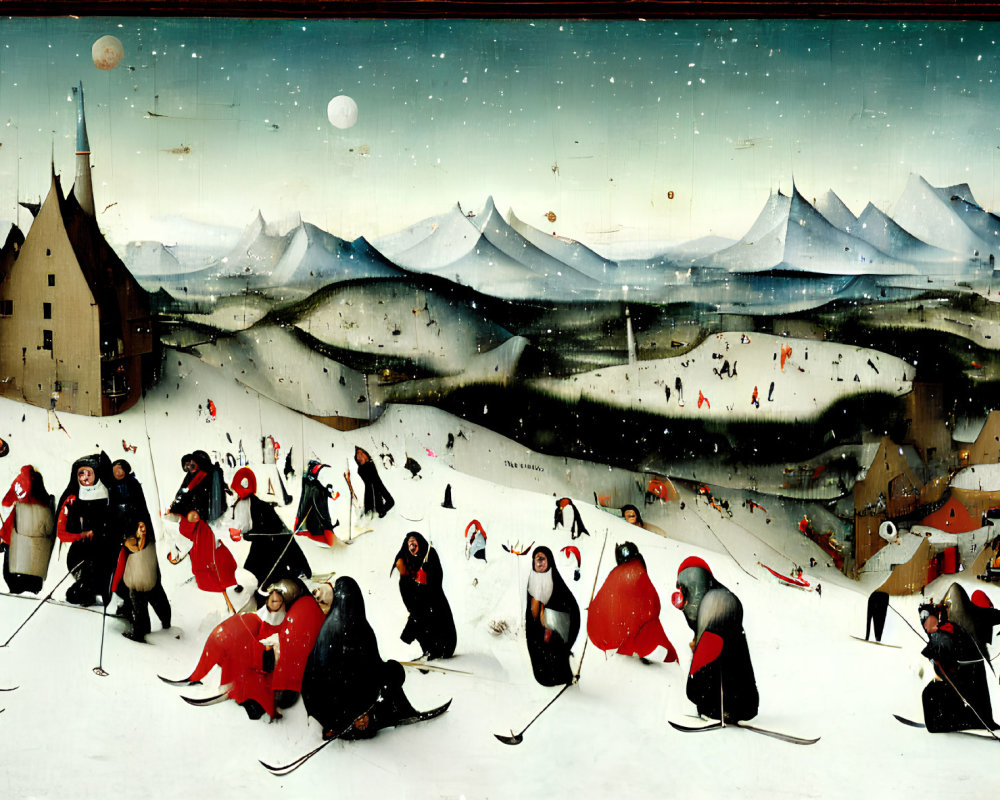 Whimsical painting of penguins skiing and ice skating in snowy landscape