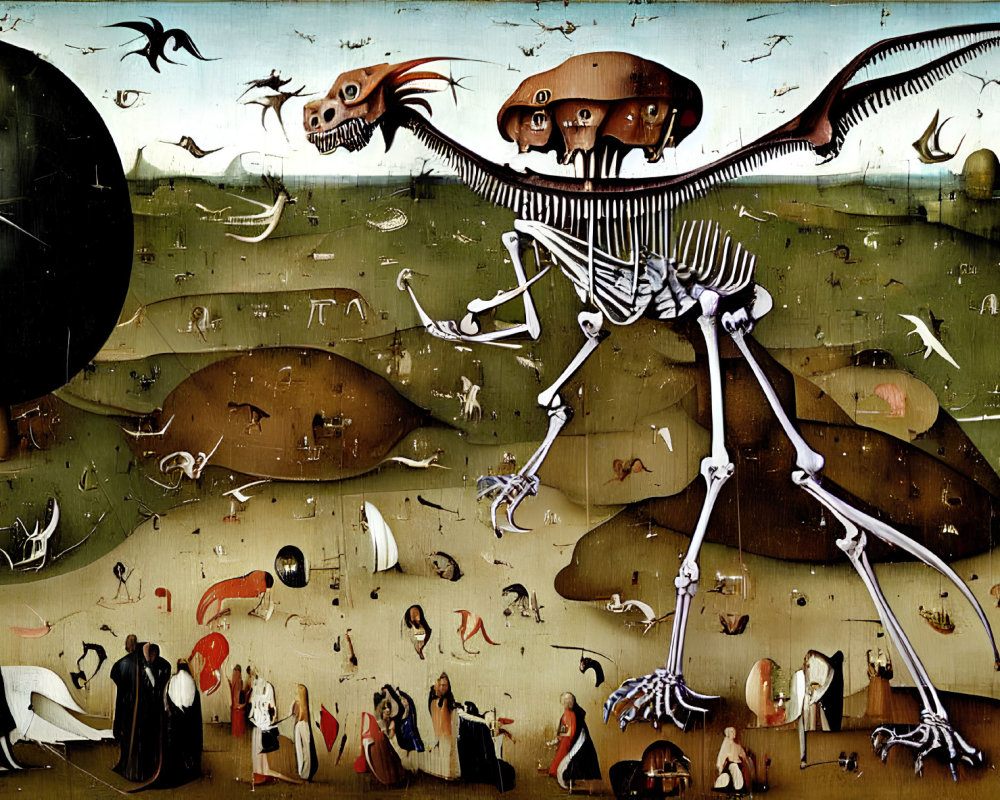 Skeletal creature in surreal painting with chaotic scenes