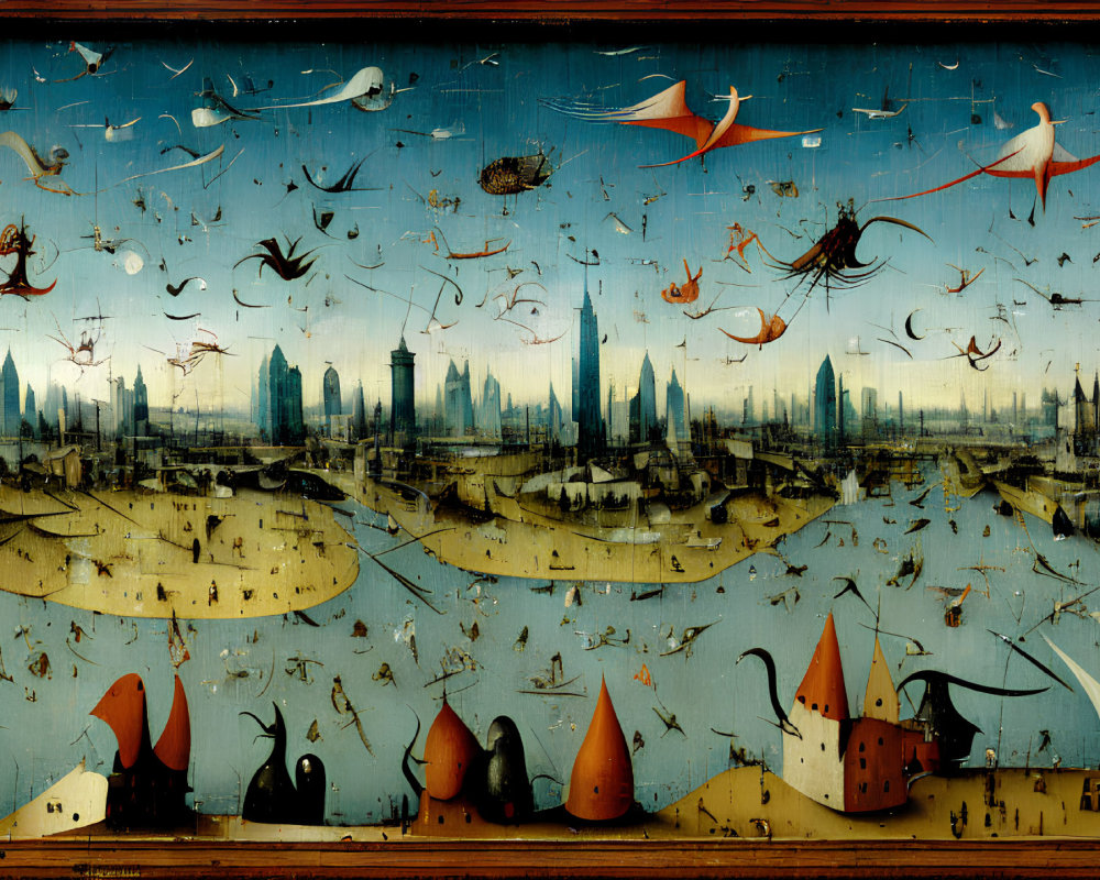 Surreal cityscape painting with flying fish and marine creatures in dreamlike underwater scene