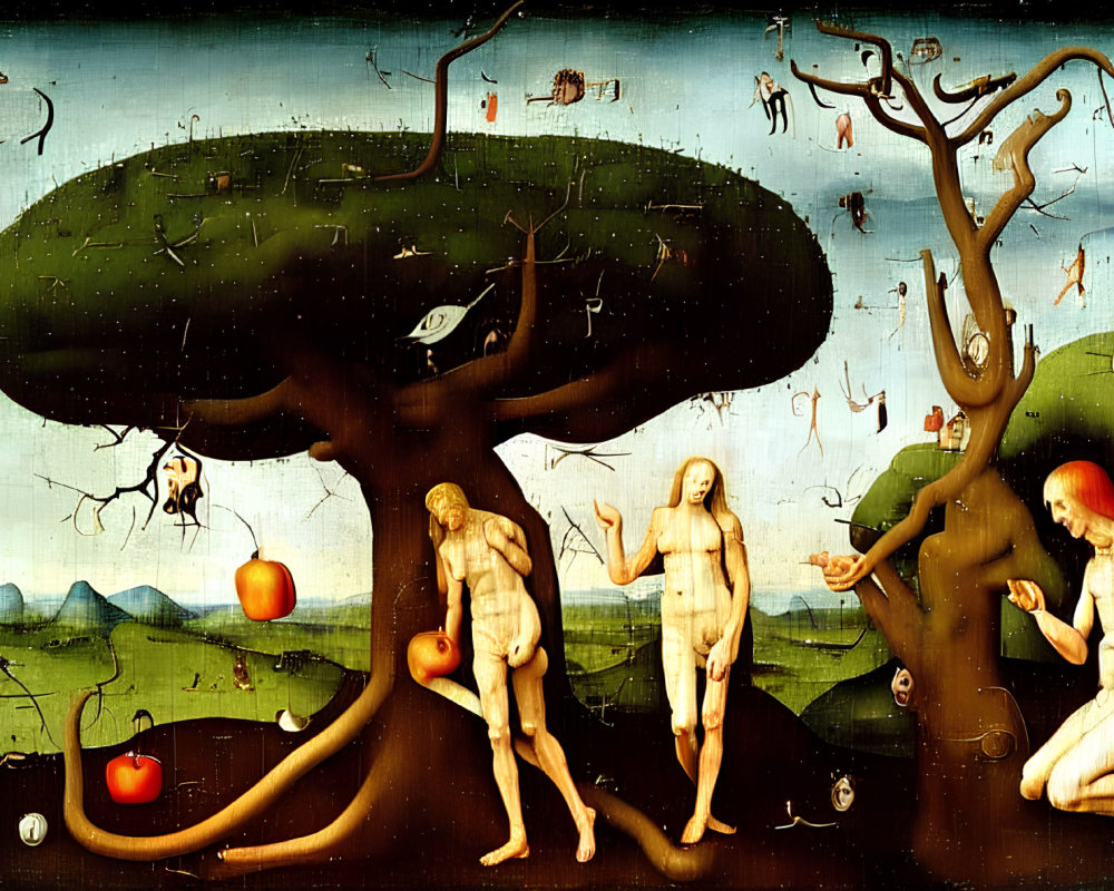 Surreal painting of Garden of Eden with Adam, Eve, serpent, whimsical creatures