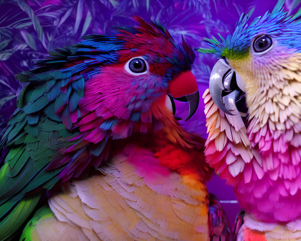 Vibrantly colored parrots with purple foliage background