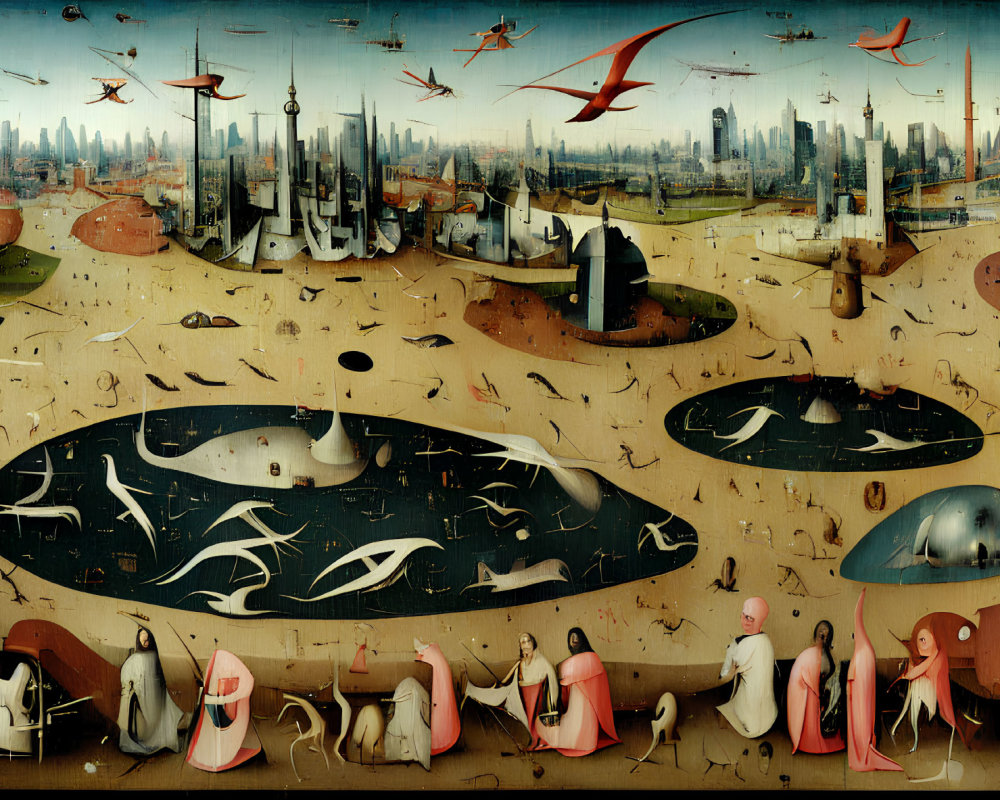 Futuristic surreal painting: dystopian landscape, anthropomorphic figures, fantastical creatures, city sk