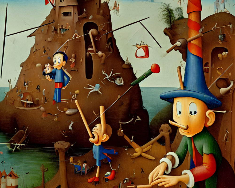 Surreal painting of whimsical figures in a bizarre landscape