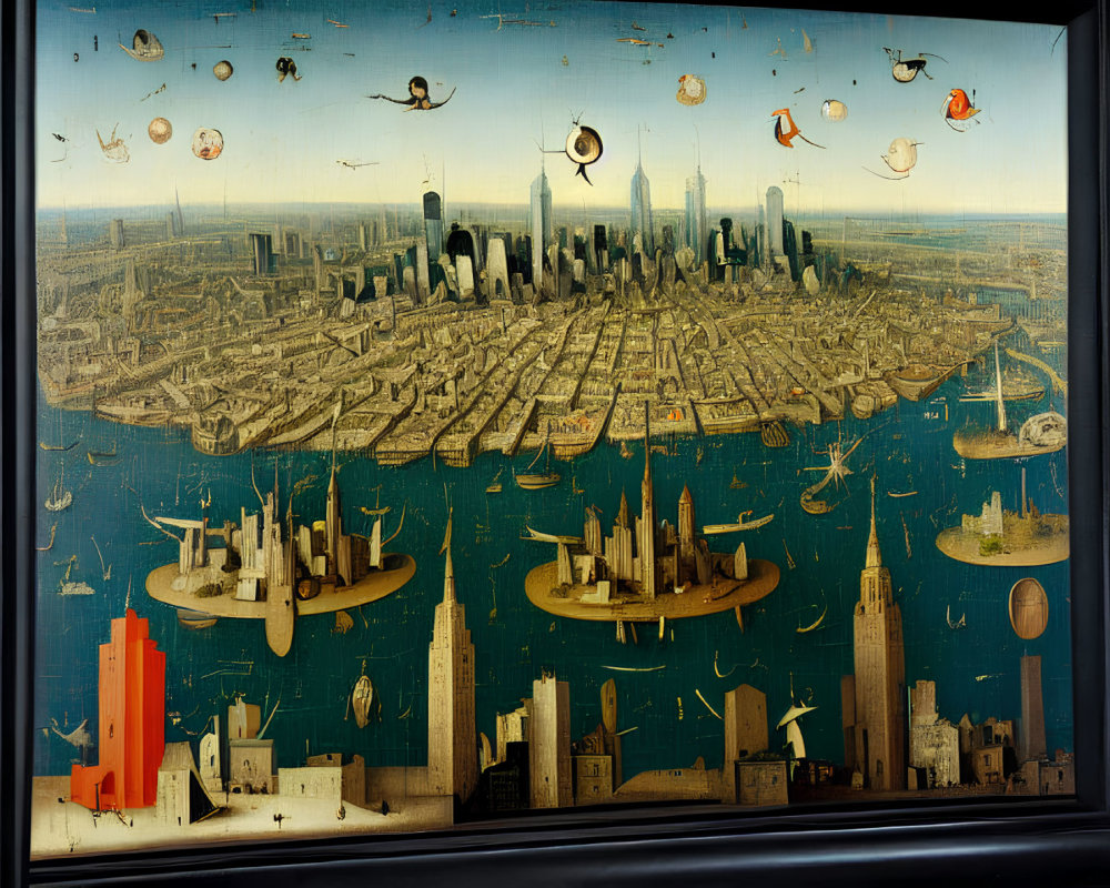 Fantastical aerial city painting with flying boats and balloons.