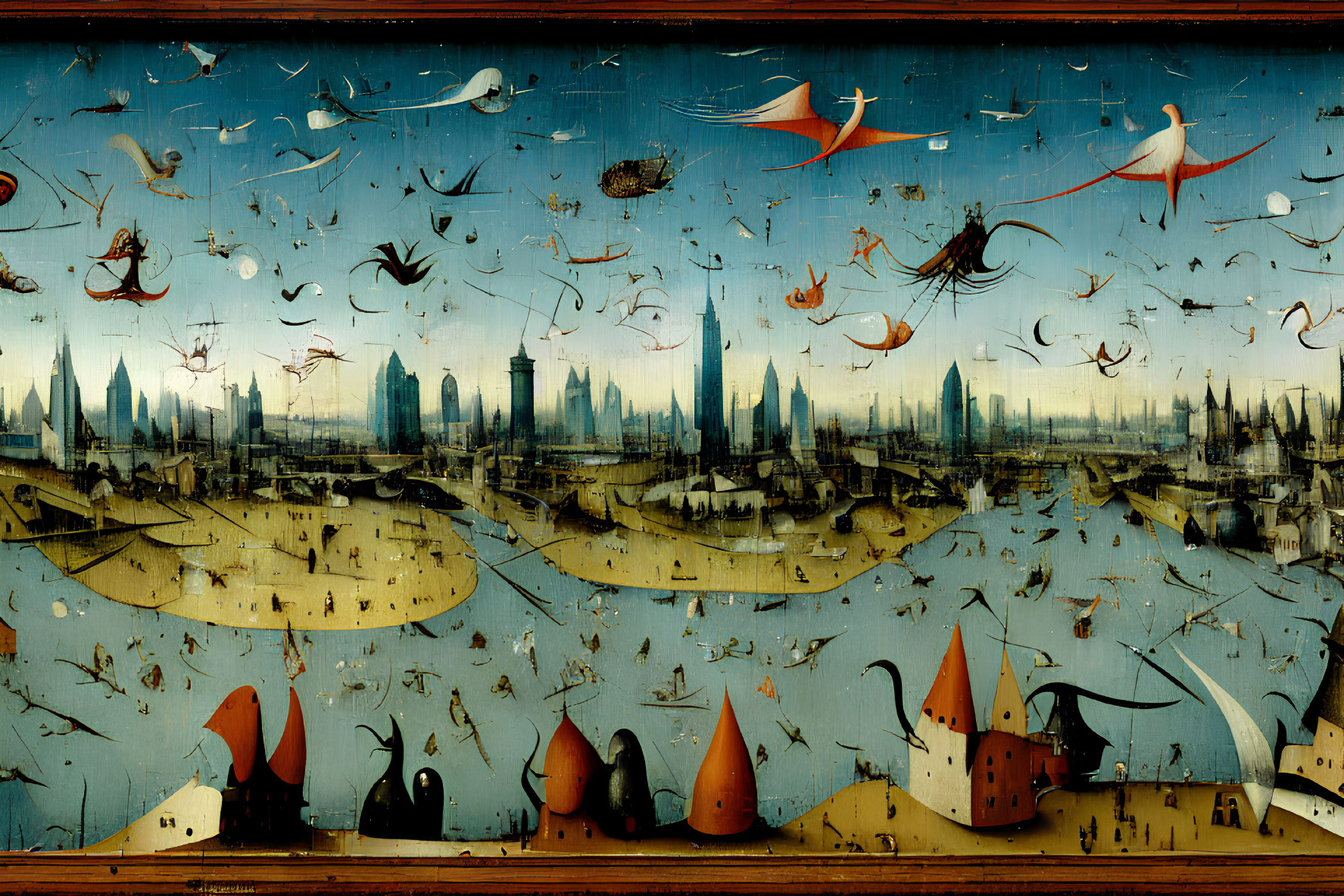 Surreal cityscape painting with flying fish and marine creatures in dreamlike underwater scene