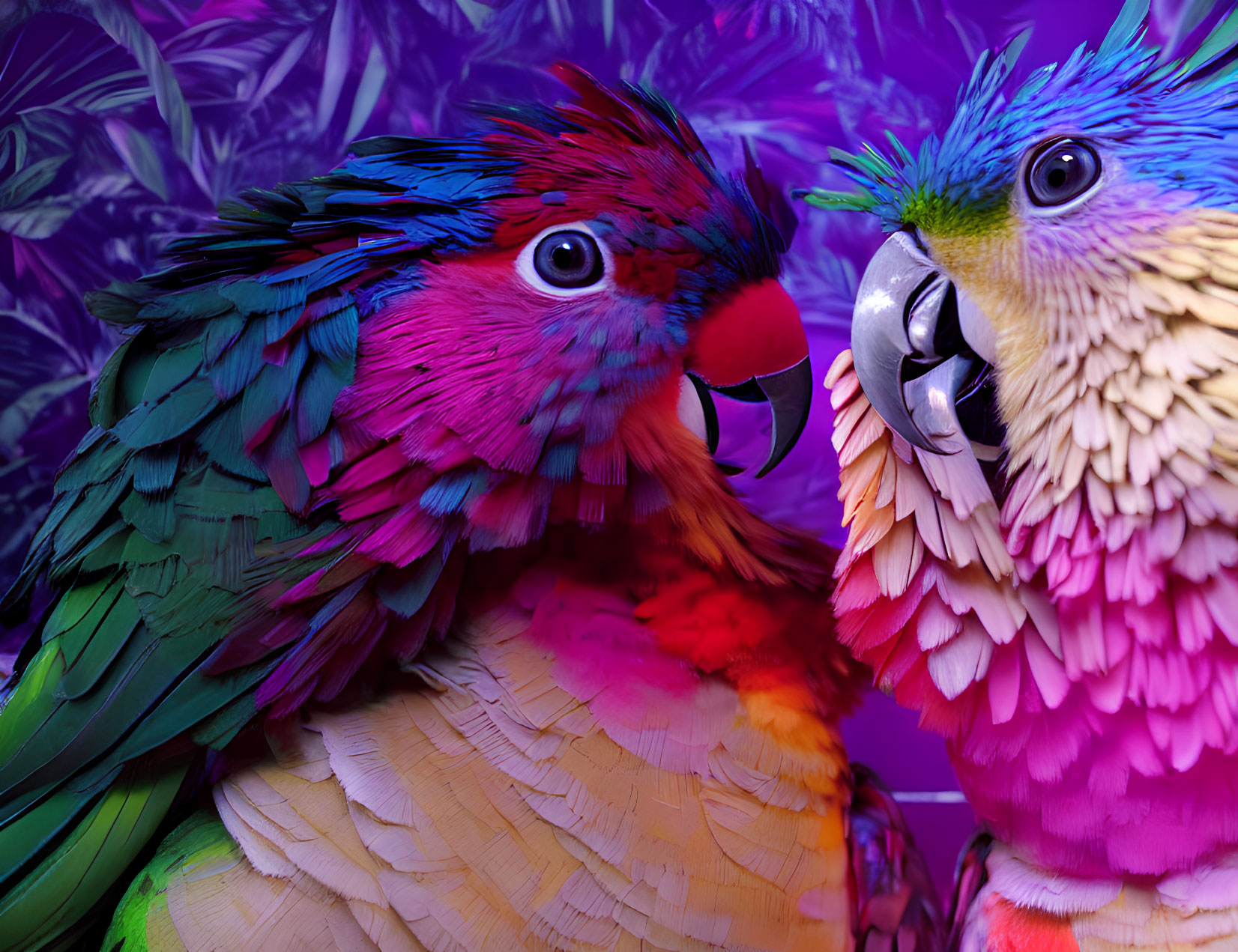 Vibrantly colored parrots with purple foliage background